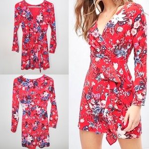 𝅺BERSHKA Red Floral Print Wrap Long Sleeve Mini Dress - Size Small